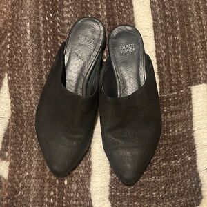 Eileen Fisher Blog slide mules black nubuck size 8 US minimalist and understated